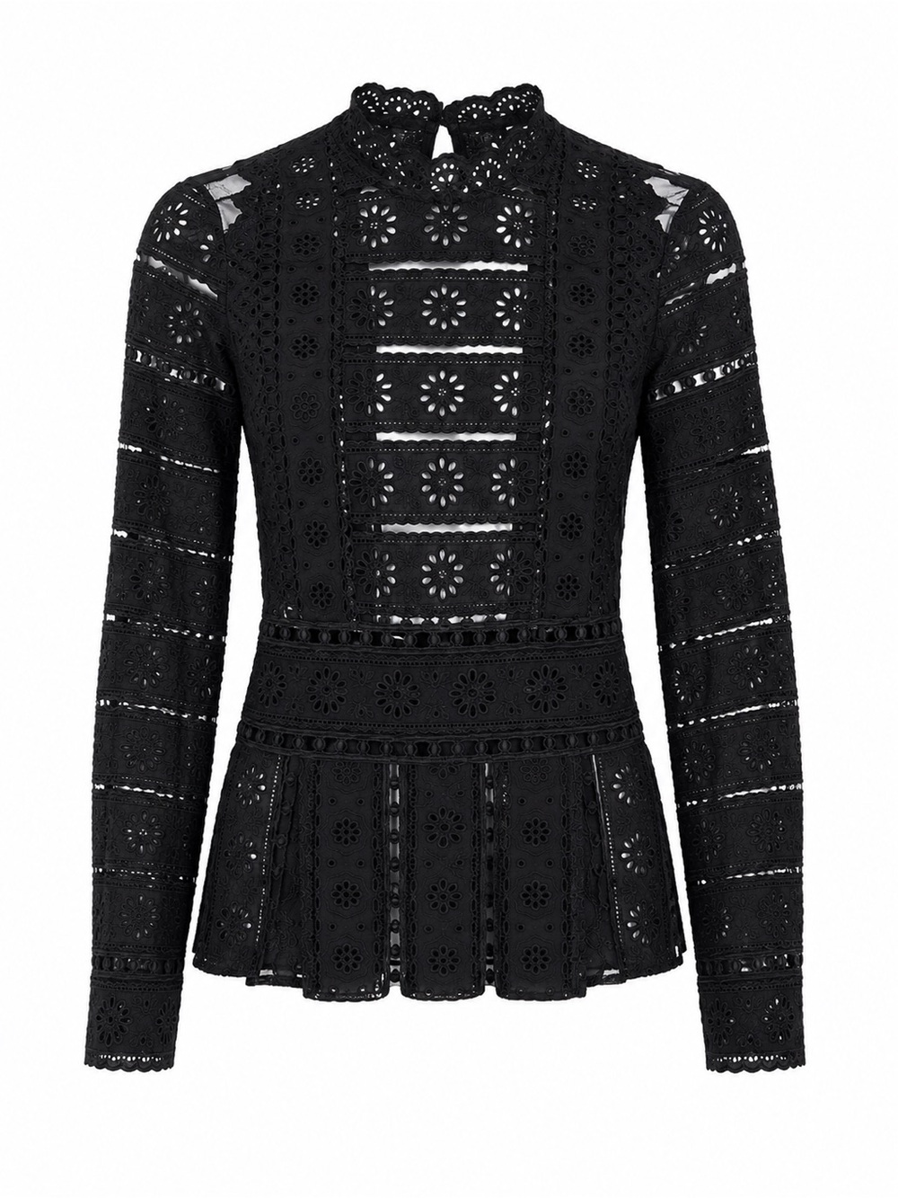 Sea Black Eyelet Lace Peplum Top with Scalloped Neck